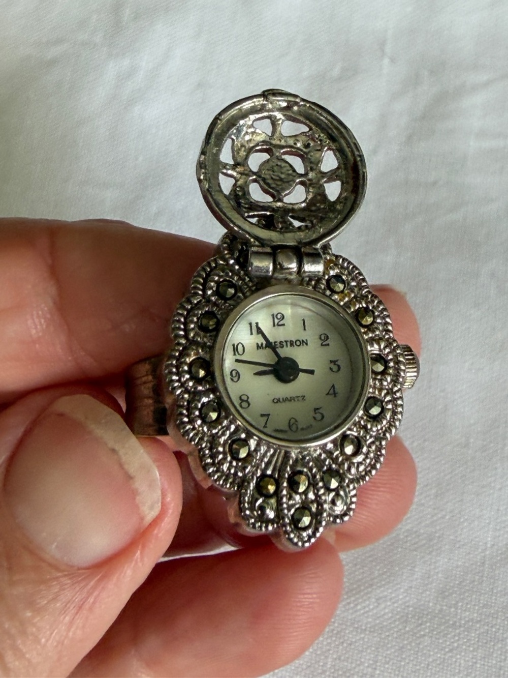 Marcasite Ring Watch - adjustable size ring (vintage)